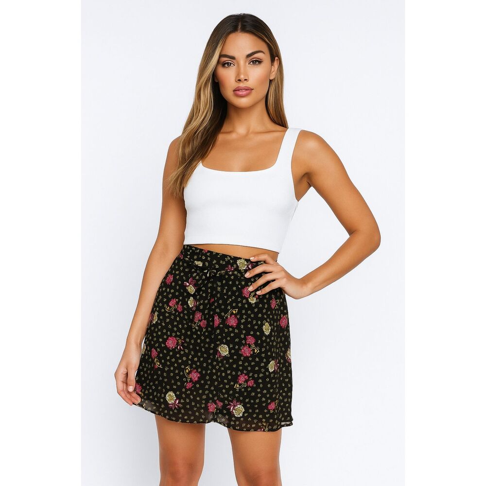 LOFT BLACK FLORAL PRINT TIE WAIST A LINE CASUAL CAREER MINI SKIRT SIZE: M NEW